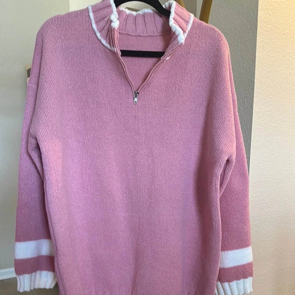 Pink and White mock Neck Sweater with Sporty Stripes - Picture 1 of 5